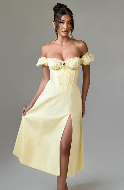 Women’s Midi Dress – Off Shoulder – Puff Sleeves – Corset Bodice – Thigh Slit – A-Line Fit