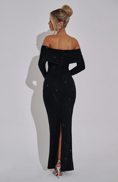 Women’s Evening Gown – Off Shoulder – Long Sleeve – Fitted Silhouette – Sparkle Detail
