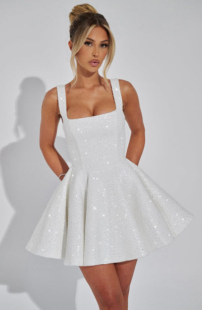 Women’s Sequin Dress – Fit and Flare – Square Neck – Sleeveless Party Wear