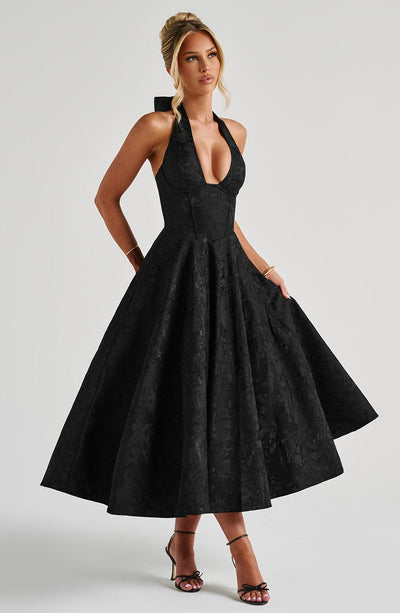 Women’s Halter-Neck Dress - Deep V-Neck - A-Line Silhouette - Elegant Formal Wear