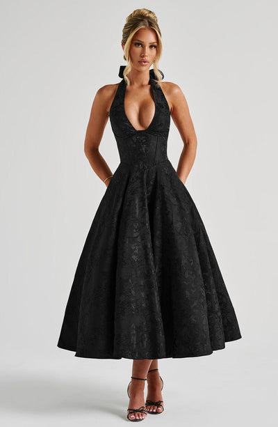Women’s Halter-Neck Dress - Deep V-Neck - A-Line Silhouette - Elegant Formal Wear