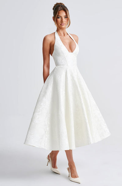 Women’s Halter-Neck Dress - Deep V-Neck - A-Line Silhouette - Elegant Formal Wear