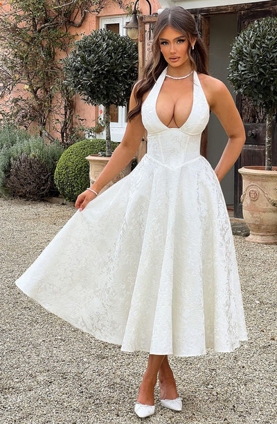 Women’s Halter-Neck Dress - Deep V-Neck - A-Line Silhouette - Elegant Formal Wear