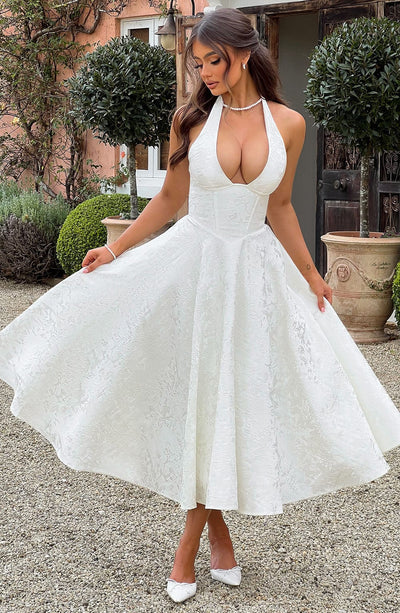 Women’s Halter-Neck Dress - Deep V-Neck - A-Line Silhouette - Elegant Formal Wear