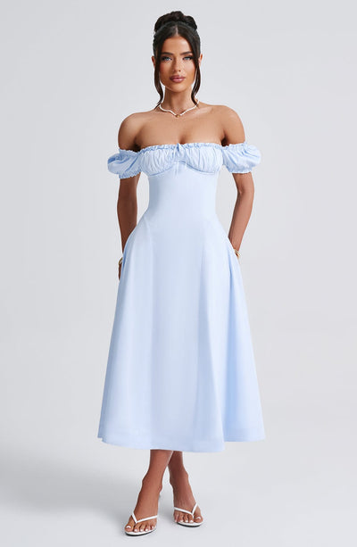 Women’s Midi Dress - Off Shoulder - Ruched Bodice - Puff Sleeves - A-Line Elegant Fit