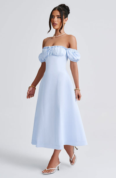 Women’s Midi Dress - Off Shoulder - Ruched Bodice - Puff Sleeves - A-Line Elegant Fit