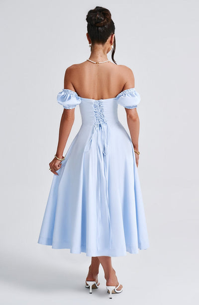 Women’s Midi Dress - Off Shoulder - Ruched Bodice - Puff Sleeves - A-Line Elegant Fit