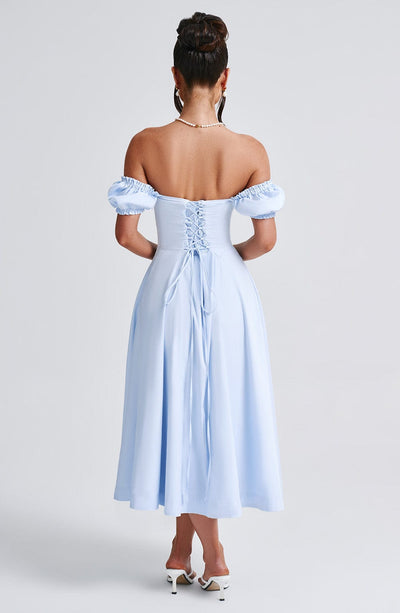 Women’s Midi Dress - Off Shoulder - Ruched Bodice - Puff Sleeves - A-Line Elegant Fit