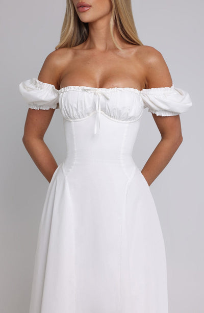 Women’s Midi Dress - Off Shoulder - Ruched Bodice - Puff Sleeves - A-Line Elegant Fit