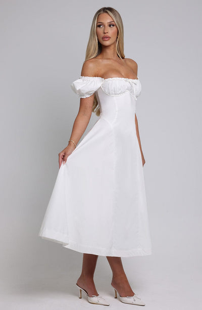 Women’s Midi Dress - Off Shoulder - Ruched Bodice - Puff Sleeves - A-Line Elegant Fit