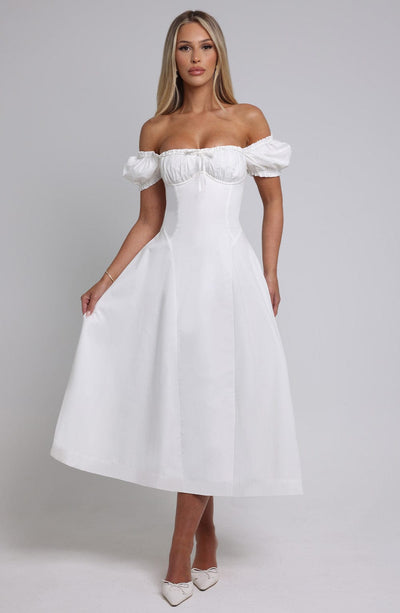 Women’s Midi Dress - Off Shoulder - Ruched Bodice - Puff Sleeves - A-Line Elegant Fit