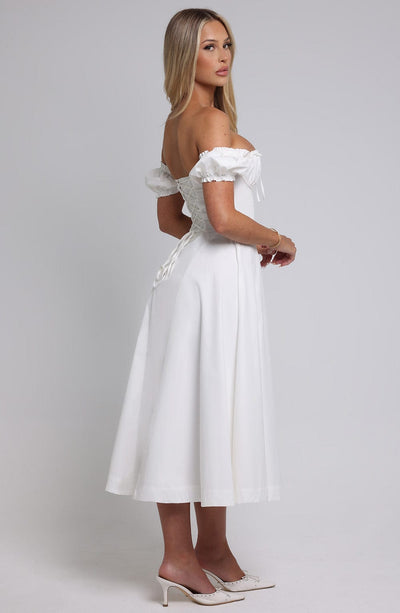 Women’s Midi Dress - Off Shoulder - Ruched Bodice - Puff Sleeves - A-Line Elegant Fit