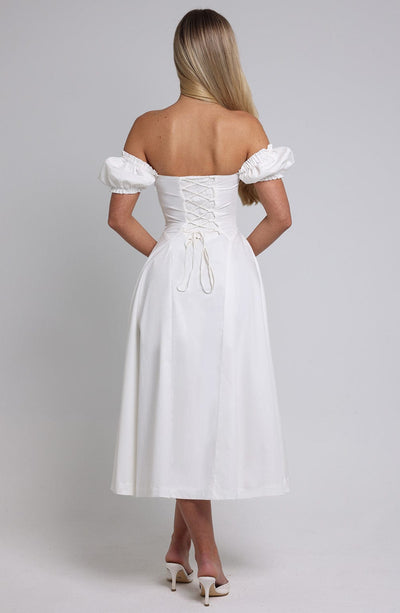 Women’s Midi Dress - Off Shoulder - Ruched Bodice - Puff Sleeves - A-Line Elegant Fit