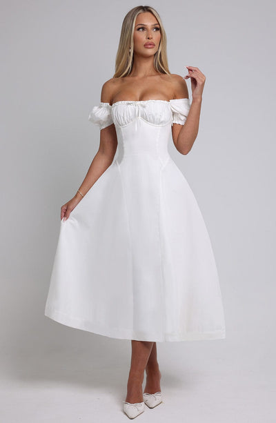 Women’s Midi Dress - Off Shoulder - Ruched Bodice - Puff Sleeves - A-Line Elegant Fit