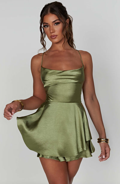 Women’s Mini Dress - Satin Cowl Neck - Spaghetti Straps - Flared Layered Hem
