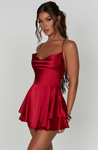 Women’s Mini Dress - Satin Cowl Neck - Spaghetti Straps - Flared Layered Hem
