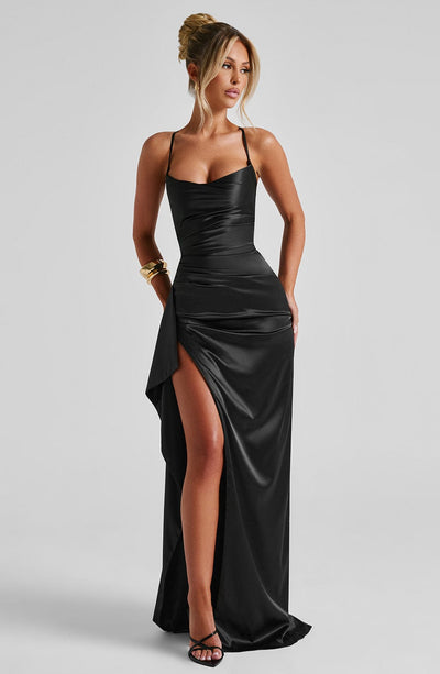 Women’s Evening Dress - Satin Finish - Sweetheart Neckline - Spaghetti Straps - High Slit