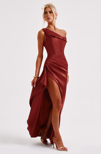 Women’s Evening Gown – One Shoulder – Satin Sheen – High Slit – Draped Bodice – Floor Length