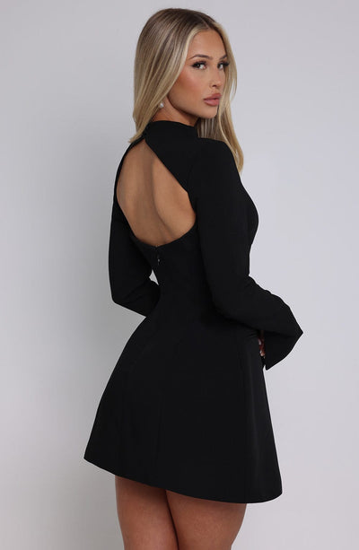 Women’s Mini Dress – Long Sleeve – High Neck – Fitted Bodice – Flared Skirt – Elegant Fit