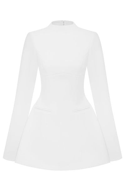 Women’s Mini Dress – Long Sleeve – High Neck – Fitted Bodice – Flared Skirt – Elegant Fit