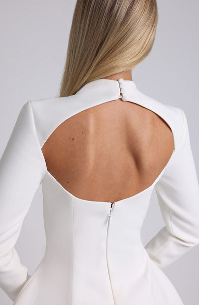 Women’s Mini Dress – Long Sleeve – High Neck – Fitted Bodice – Flared Skirt – Elegant Fit