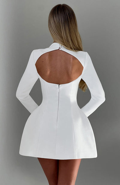 Women’s Mini Dress – Long Sleeve – High Neck – Fitted Bodice – Flared Skirt – Elegant Fit