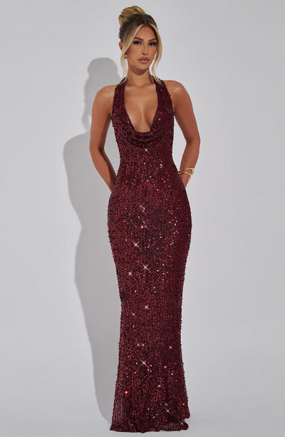 Women’s Gown - Sequin Embellished - Halter Neck - Fitted Silhouette - Elegant Formal Wear