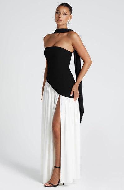 Women’s Evening Gown - Strapless Fitted Bodice - High Slit - Asymmetric Waistline