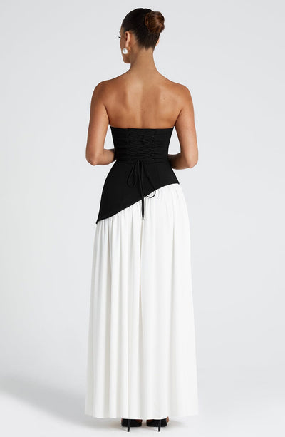 Women’s Evening Gown - Strapless Fitted Bodice - High Slit - Asymmetric Waistline