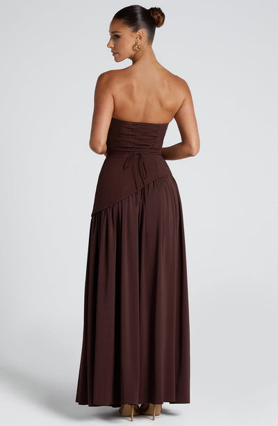 Women’s Evening Gown - Strapless Fitted Bodice - High Slit - Asymmetric Waistline