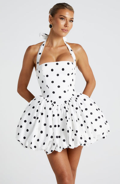 Women’s Halter Neck Dress - Sweetheart Neckline - Bubble Hem - Retro Dotted Pattern
