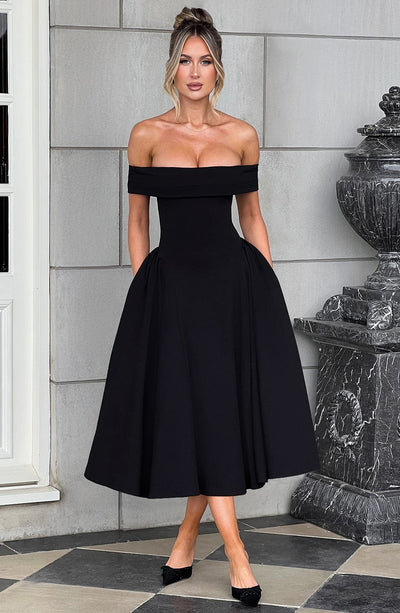 Women’s Midi Dress - Off Shoulder - A-Line Silhouette - Elegant Structured Fit