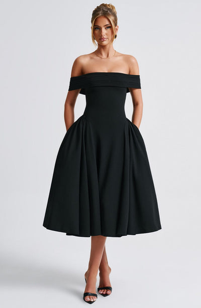 Women’s Midi Dress - Off Shoulder - A-Line Silhouette - Elegant Structured Fit