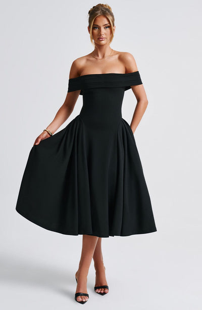 Women’s Midi Dress - Off Shoulder - A-Line Silhouette - Elegant Structured Fit