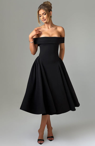Women’s Midi Dress - Off Shoulder - A-Line Silhouette - Elegant Structured Fit