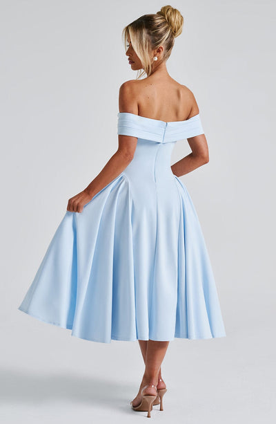 Women’s Midi Dress - Off Shoulder - Fitted Bodice - A-Line Skirt - Elegant Silhouette