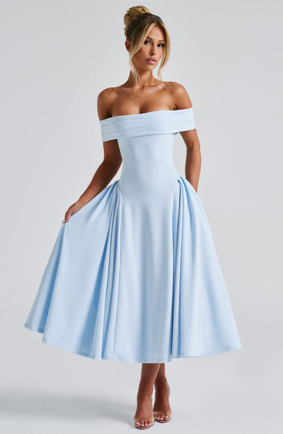 Women’s Midi Dress - Off Shoulder - Fitted Bodice - A-Line Skirt - Elegant Silhouette