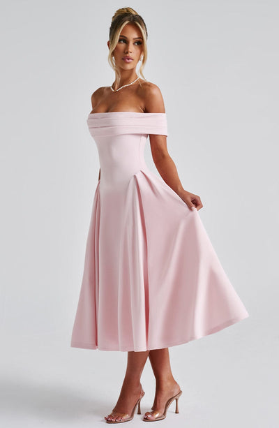Women’s Midi Dress - Off Shoulder - Fitted Bodice - A-Line Skirt - Elegant Silhouette