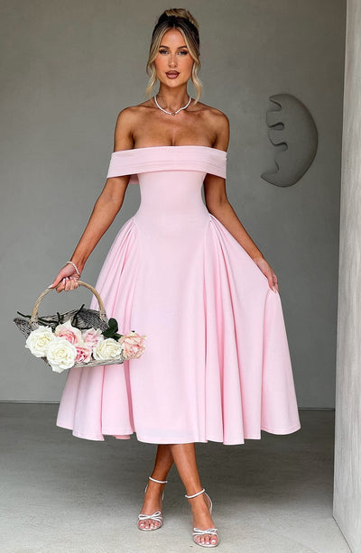 Women’s Midi Dress - Off Shoulder - Fitted Bodice - A-Line Skirt - Elegant Silhouette