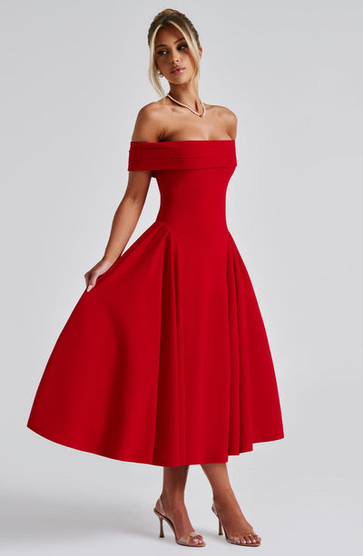 Women’s Midi Dress - Off Shoulder - A-Line Silhouette - Elegant Structured Fit