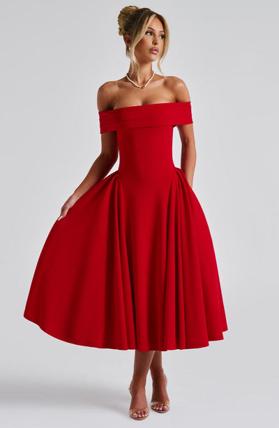 Women’s Midi Dress - Off Shoulder - A-Line Silhouette - Elegant Structured Fit
