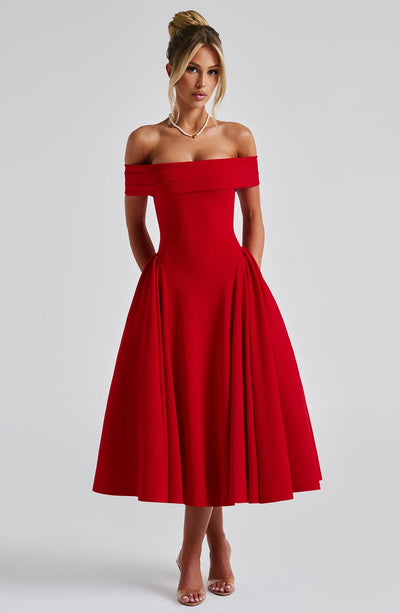 Women’s Midi Dress - Off Shoulder - A-Line Silhouette - Elegant Structured Fit