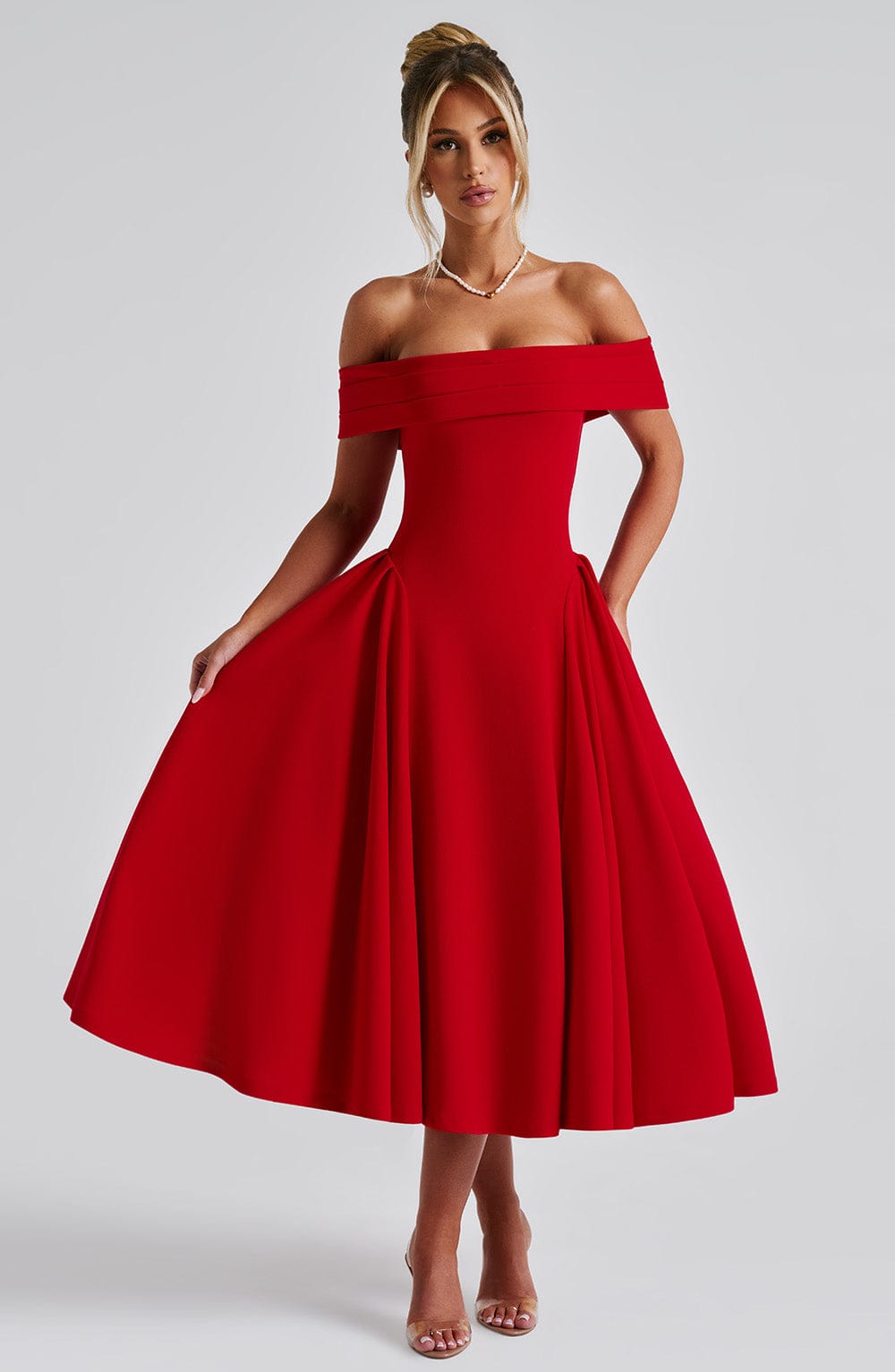 Women’s Midi Dress - Off Shoulder - A-Line Silhouette - Elegant Structured Fit