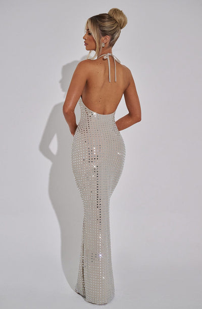 Women’s Evening Gown – Halter Neck – Floor Length – Sparkling Embellished – Bodycon Fit