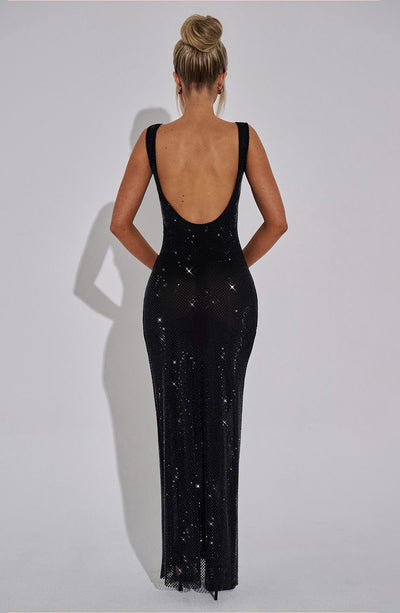 Women’s Maxi Dress – Fitted Silhouette – Square Neckline – Sequin Embellished Formal Wear