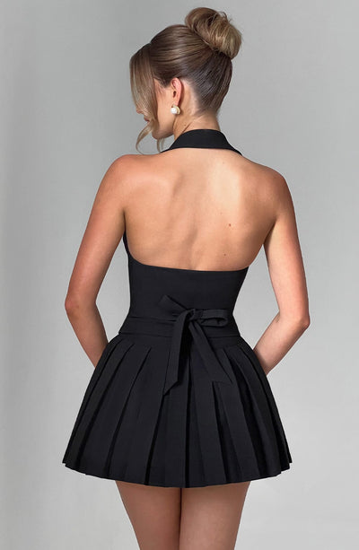 Women’s Blazer-Inspired Dress - Halter Neckline - Pleated Skirt - Sleeveless Fit
