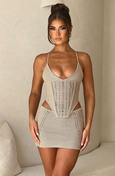 Women’s Crochet Mini Dress – Cut-Out Sides – Fitted Silhouette – V-Neck Spaghetti Strap