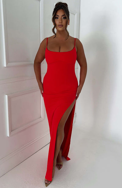 Women’s Evening Gown – Floor Length – Spaghetti Straps – High Slit – Scoop Neck – Slim Fit