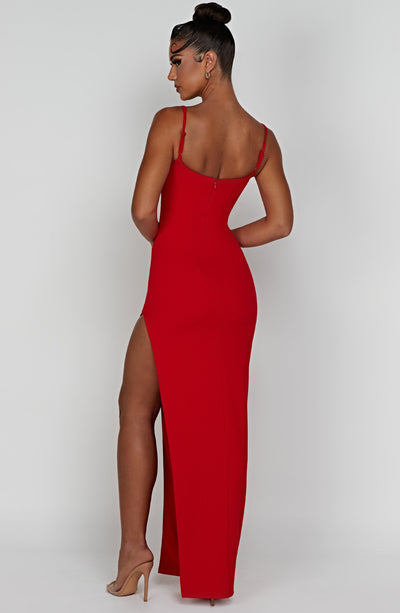 Women’s Evening Gown – Floor Length – Spaghetti Straps – High Slit – Scoop Neck – Slim Fit