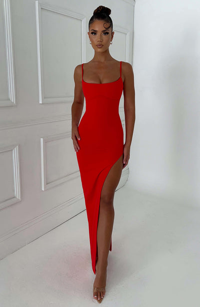Women’s Evening Gown – Floor Length – Spaghetti Straps – High Slit – Scoop Neck – Slim Fit